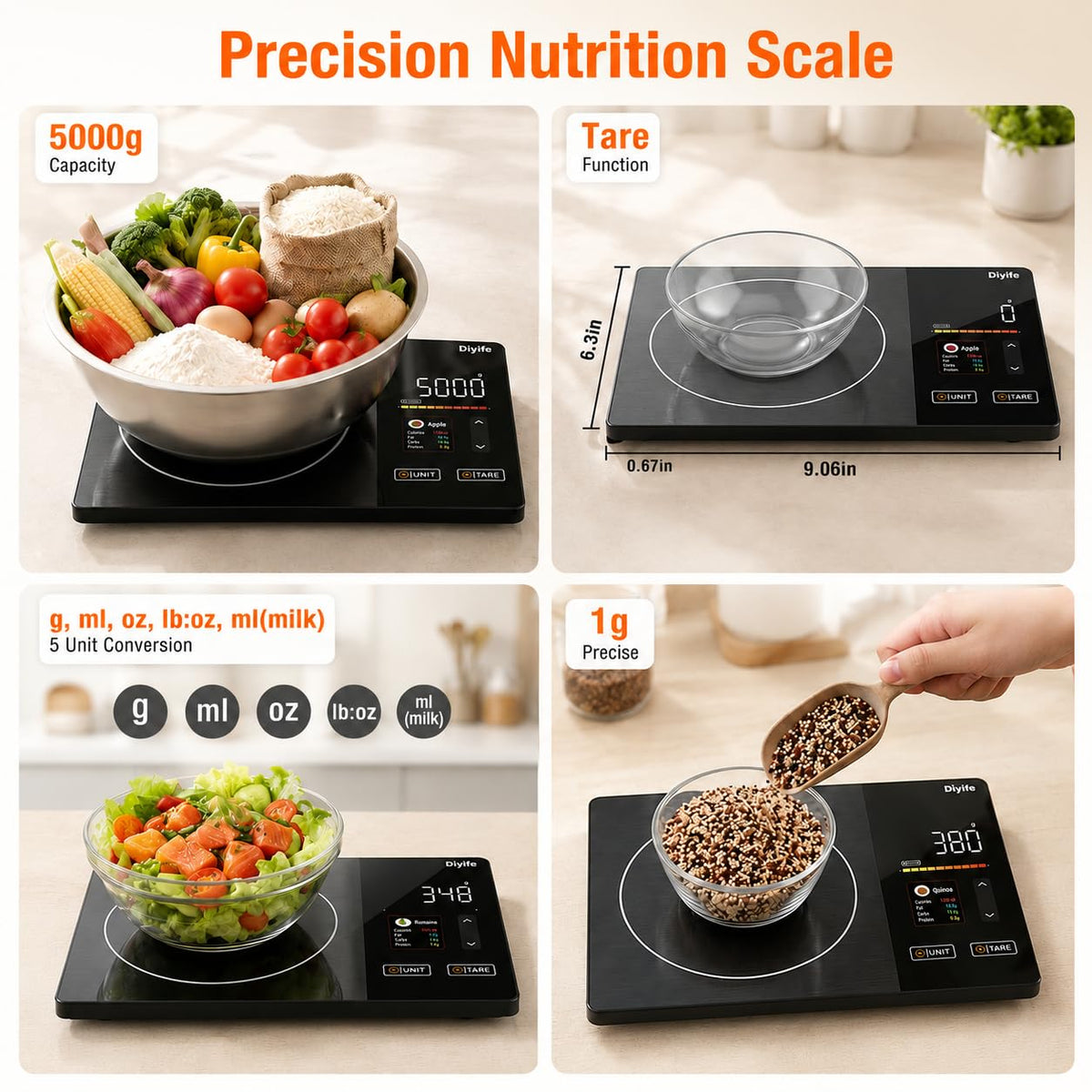 Diyife Smart Food Scales Calorie Counting, [TFT Colorful Display] 25 Nutrients Kitchen Scales with APP Sync, Calorie & Macro Tracking, Keto, 5 Units, Tare, 5kg Nutrition Scales for Baking, Weight Loss