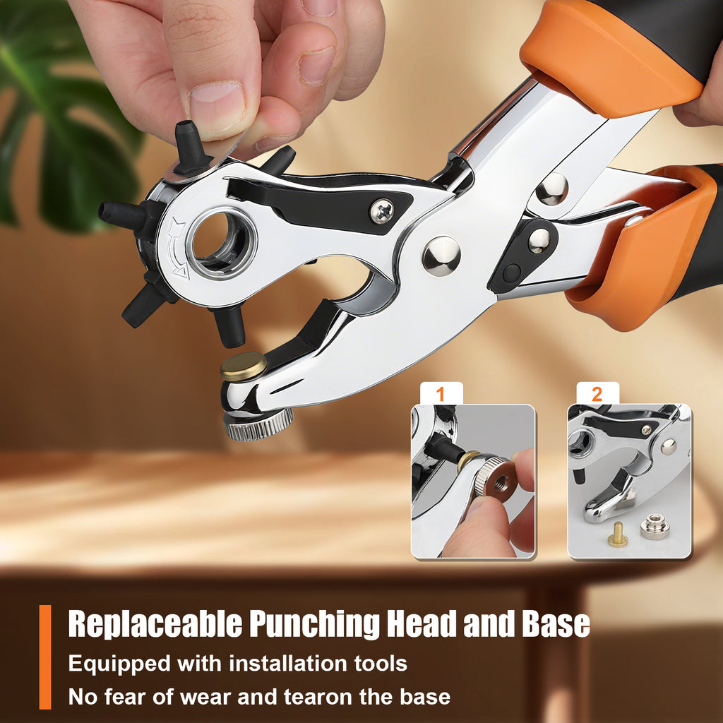 Diyife Belt Hole Puncher for Leather, [Complete Professional Kit] Ergonomic Effortless 6-Sizes Leather Hole Punch with 6 Spare Punches and 5 Brass Anvils for Belts, Fabric, Plastic, Watch Band