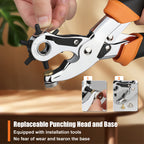 Diyife Belt Hole Puncher for Leather, [Complete Professional Kit] Ergonomic Effortless 6-Sizes Leather Hole Punch with 6 Spare Punches and 5 Brass Anvils for Belts, Fabric, Plastic, Watch Band