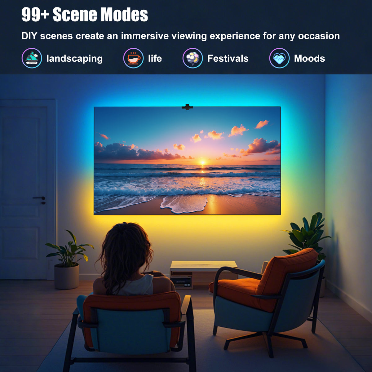 Diyife TV LED Lights, TV Backlights with AR Sensor Sync to TVs Screen & Music, Multiple Colors Changing RGB LED Strip Lights for TV Work with Remote, Bluetooth, Smart App Control
