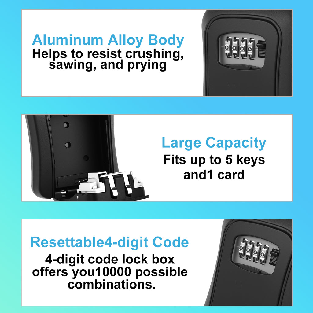 Key Lock Box, [5 Keys Capacity] Diyife 4-Digit Combination Key Safe Box Weatherproof, Removable Shackle for Hanging Mounted, Portable House Key Box for Outdoor, Home, Garage, Office-Black
