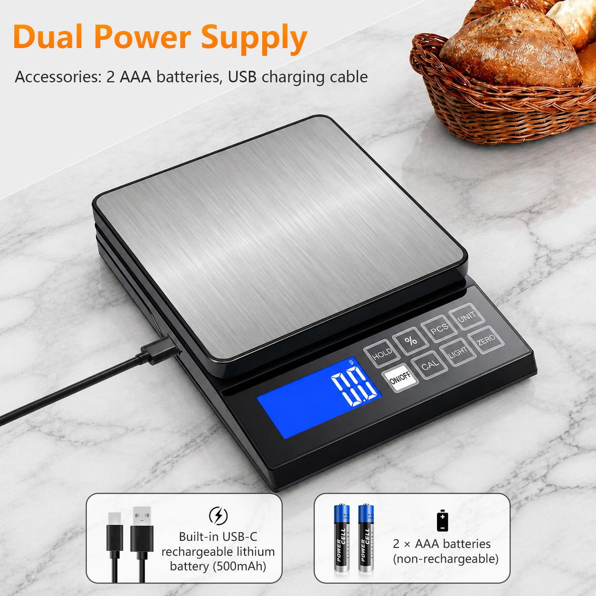 Diyife Large Digital Kitchen Scale with%Percentage &Hold Function,0.1g/5kg, IP67 Waterproof Baking Scale, USB‑C Rechargeable, 7.9x7.9" Food Scales with Large LCD Display for Cooking,Stainless Steel Pan