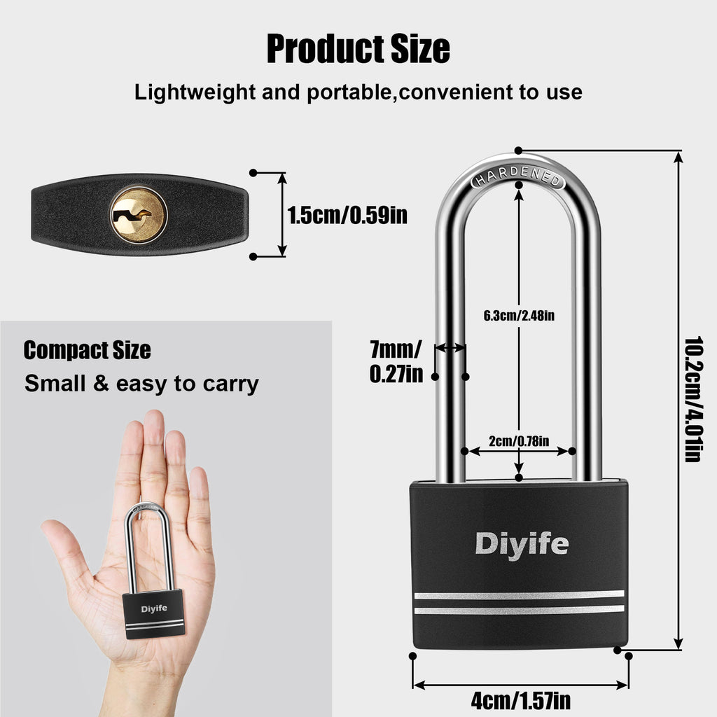 Diyife Padlock with Key, [2 Keys] Aluminum Lightweigt Long Shackle Padlocks, Anti-Rust Key Lock Outdoor Weatherproof Lock, 40mm Locker Locks for School, Gym Locker, Fence, Gate, Garage, Shed (Black)