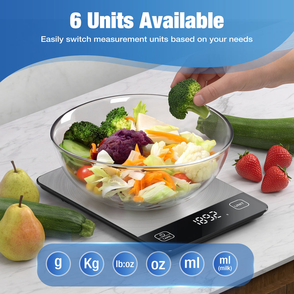 Diyife Rechargeable Kitchen Scales,15kg/1g, Large Stainless Steel Platform, 9×6.3in Large Size, 6 Units, Tare, Auto Shutoff, Wall Mount, USB Charge Food Scales for Baking, Cooking, Battery Included