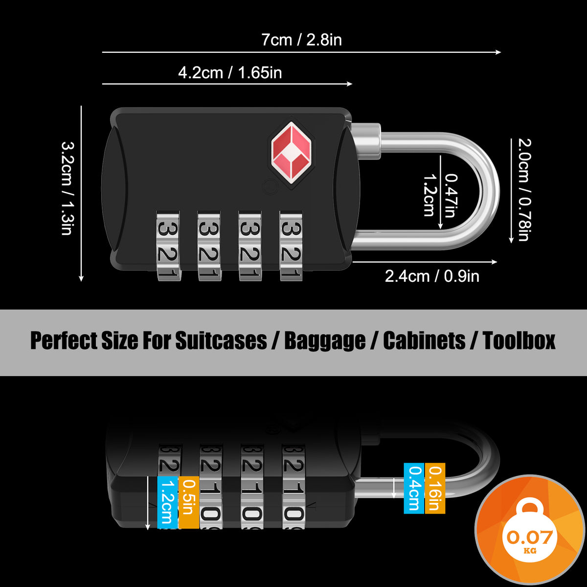 Diyife TSA Combination Padlock, 4 Digit Luggage Lock, Black, for Suitcase, Travel Bag, Gym Locker