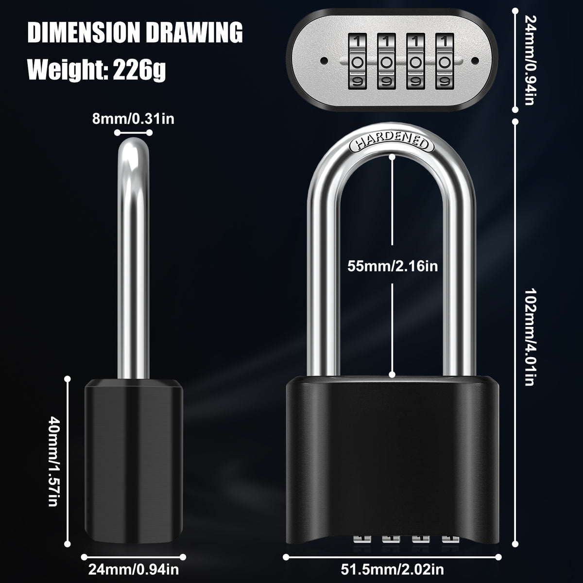 Large Heavy Duty Combination Padlock, [Long Shackle 8mm Thick] Diyife 51.5mm 4 Digit Locker Lock Weatherproof Outdoor Combination Lock for Gate, Shed, Fence, Cabinet, School, Gym (Black)