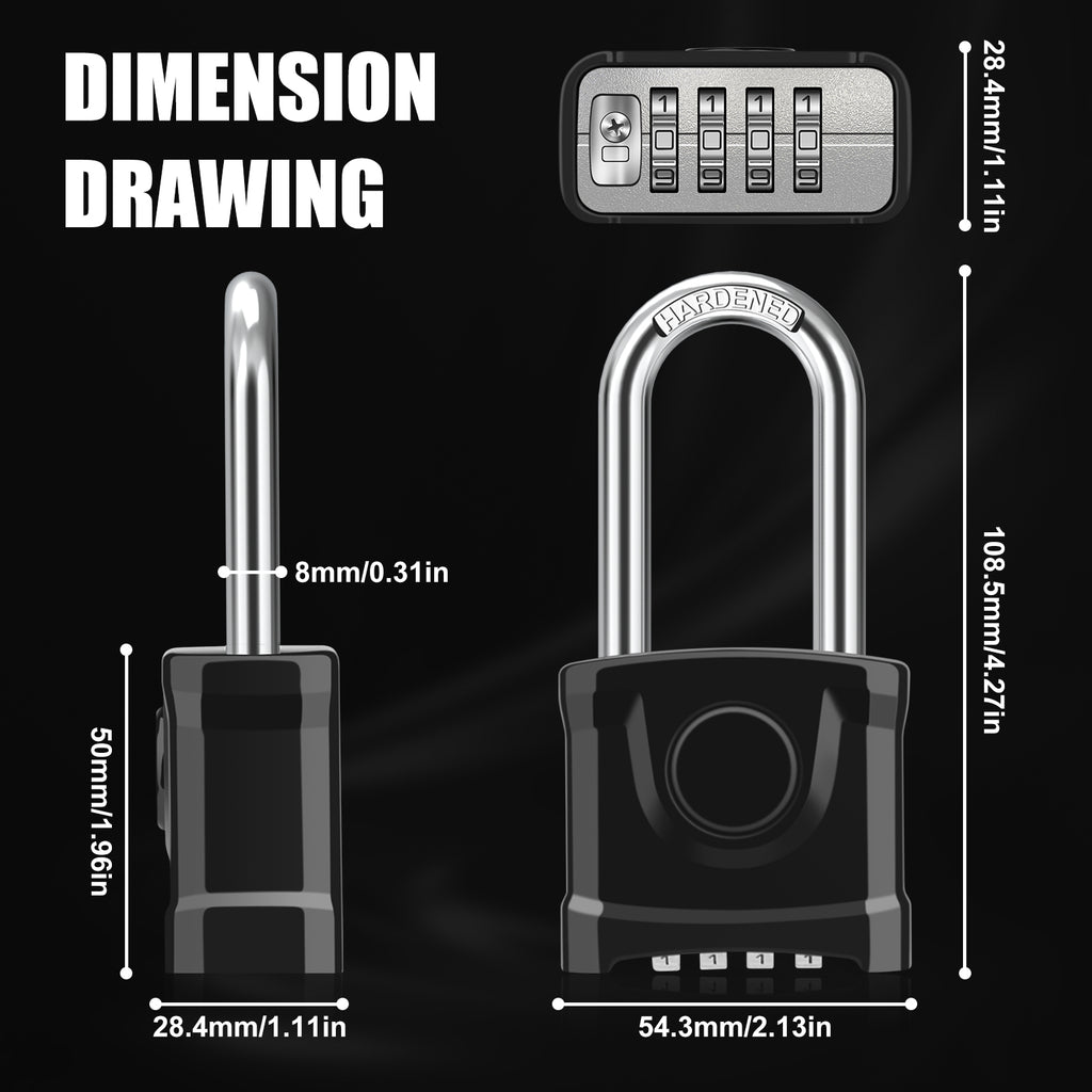 Large Heavy Duty Combination Padlock, [Long Shackle 8mm Thick] Diyife 54mm Locker Lock, 4 Digit Weatherproof Padlock, [One-Click Open] Combination Lock for Gym, Outdoor, Shed, Fence, Cabinet (Black)