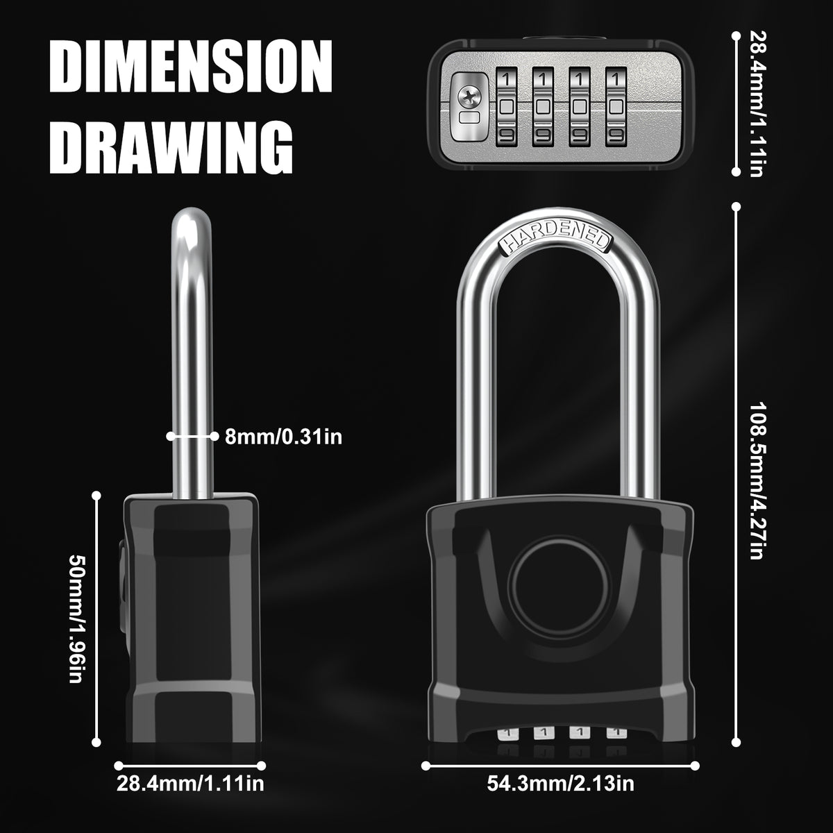 Large Heavy Duty Combination Padlock, [Long Shackle 8mm Thick] Diyife 54mm Locker Lock, 4 Digit Weatherproof Padlock, [One-Click Open] Combination Lock for Gym, Outdoor, Shed, Fence, Cabinet (Black)