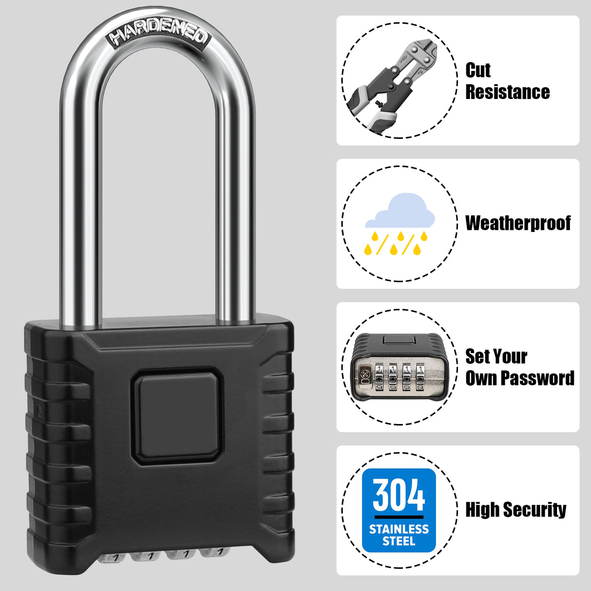 Large Heavy Duty Combination Padlock, [Long Shackle 8mm Thick] [One-Click Open] Diyife 52mm 4 Digit Locker Lock Weatherproof Outdoor Combination Lock for Shed, Fence,Hasp,Cabinet, School, Gym