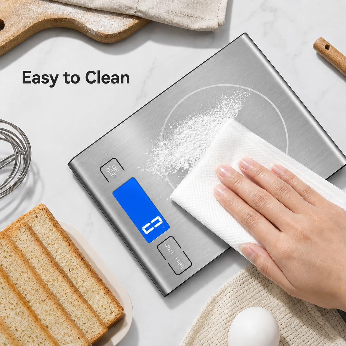 Diyife 15kg/33lbs Rechargeable Digital Kitchen Scales, 1g High Precision, 5 Units, Tare, Stainless Steel Platform, Large LCD Display, Battery Included, USB Charging Food Scales for Baking, Cooking