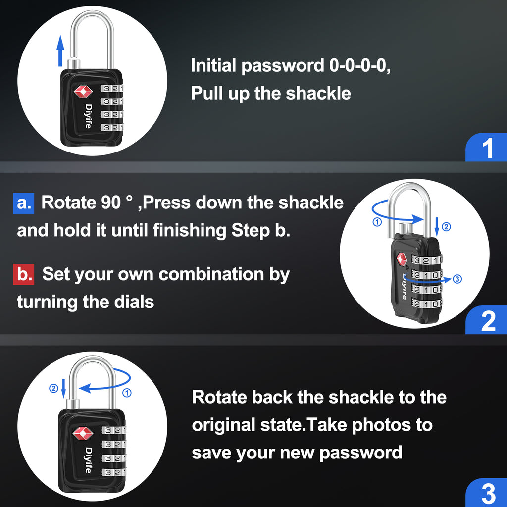 Diyife TSA Luggage Padlock, 4 Digit Combination Lock, Airplane Travel Lock for Suitcase, Gym Bag, Backpack, Case