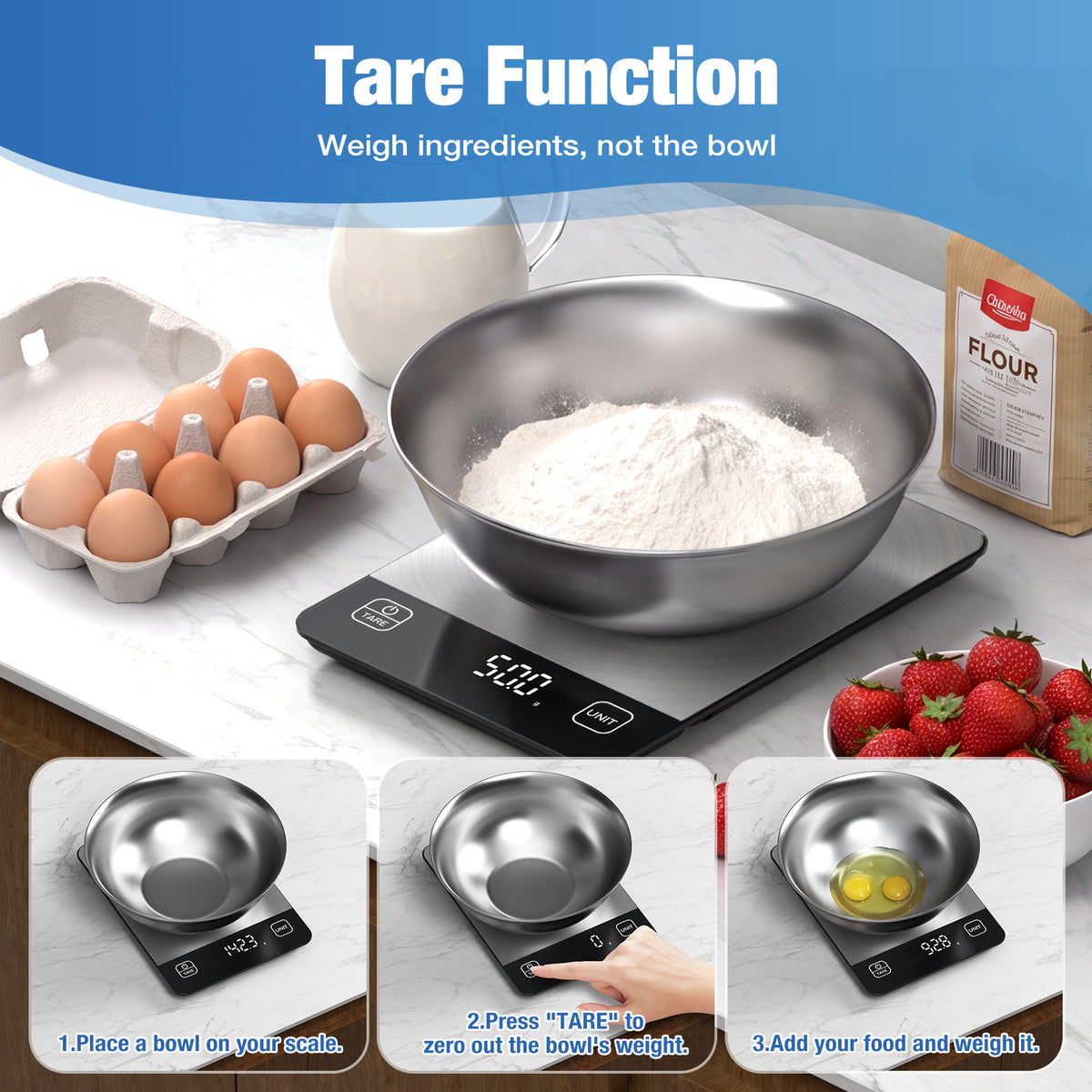 Diyife Rechargeable Kitchen Scales,15kg/1g, Large Stainless Steel Platform, 9×6.3in Large Size, 6 Units, Tare, Auto Shutoff, Wall Mount, USB Charge Food Scales for Baking, Cooking, Battery Included