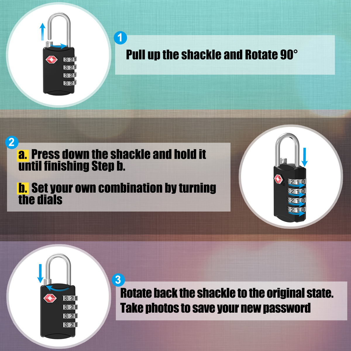 Diyife TSA Combination Padlock, 4 Digit Luggage Lock, Black, for Suitcase, Travel Bag, Gym Locker