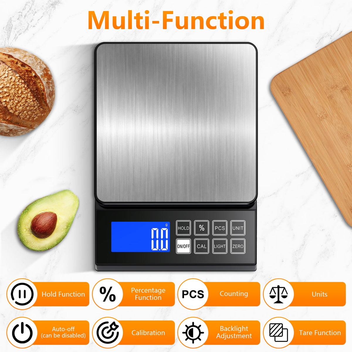 Diyife Large Digital Kitchen Scale with%Percentage &Hold Function,0.1g/5kg, IP67 Waterproof Baking Scale, USB‑C Rechargeable, 7.9x7.9" Food Scales with Large LCD Display for Cooking,Stainless Steel Pan