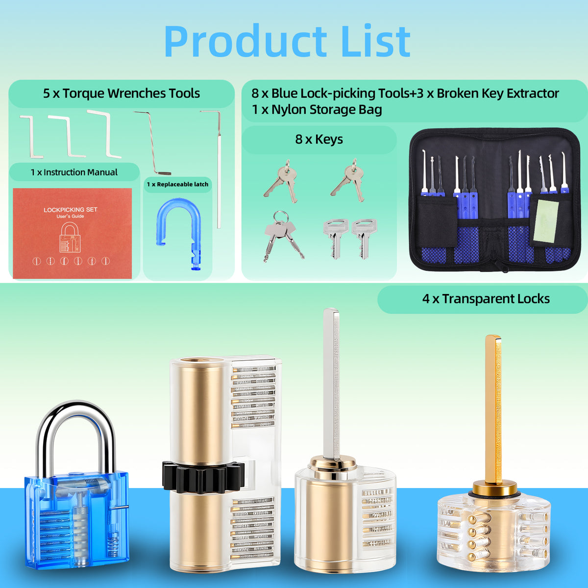 Diyife 36-Piece Lock Pick Training Kit with 4 Transparent Practice Locks