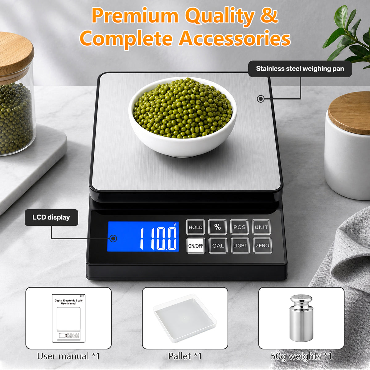 Diyife Large Digital Kitchen Scale with%Percentage &Hold Function,0.1g/5kg, IP67 Waterproof Baking Scale, USB‑C Rechargeable, 7.9x7.9" Food Scales with Large LCD Display for Cooking,Stainless Steel Pan