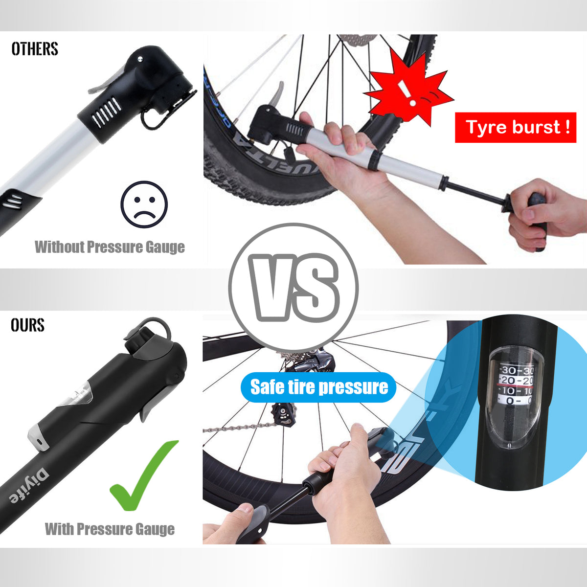 Diyife Bike Pump [Classic Edition] [with Pressure Gauge] – Mini Bicycle Pump with Needle, Glue-Free Connection Kit, Valve Caps & Mount – Fits Presta/Schrader