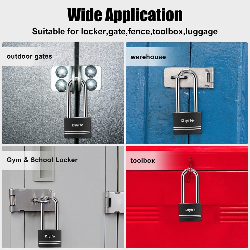 Diyife Padlock with Key, [2 Keys] Aluminum Lightweigt Long Shackle Padlocks, Anti-Rust Key Lock Outdoor Weatherproof Lock, 40mm Locker Locks for School, Gym Locker, Fence, Gate, Garage, Shed (Black)