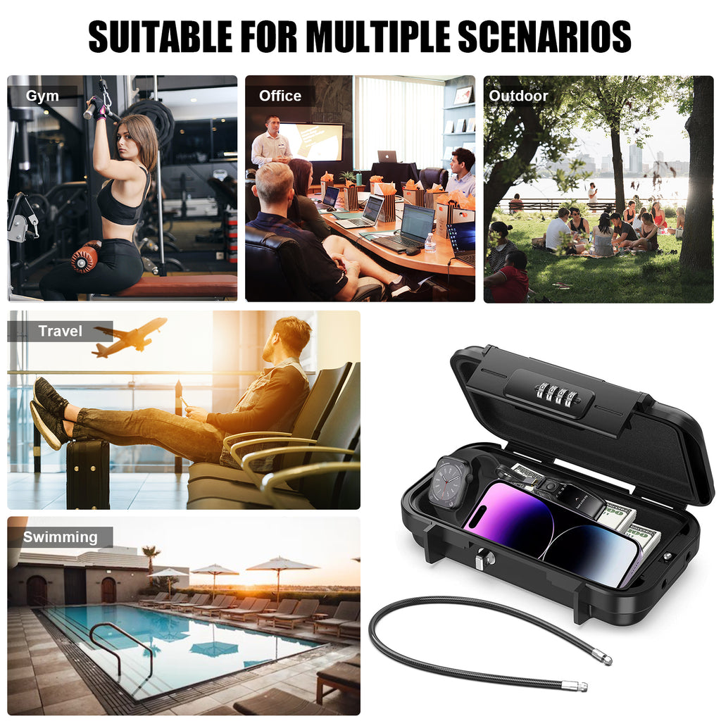 Diyife Cassetta di Sicurezza Portatile – [Impermeabile] Cassetta di Sicurezza da Viaggio con Combinazione, Scatola di Sicurezza Antifurto con Codice a 4 Cifre e Cavo in Acciaio Rimovibile per Hotel, Viaggi, Sport, Ufficio e Vacanze
