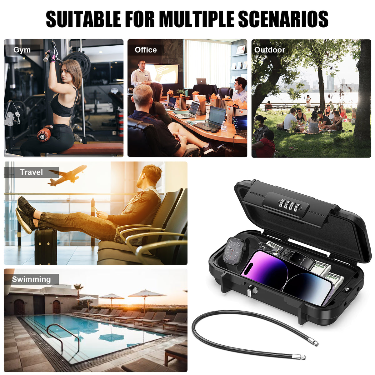 Diyife Cassetta di Sicurezza Portatile – [Impermeabile] Cassetta di Sicurezza da Viaggio con Combinazione, Scatola di Sicurezza Antifurto con Codice a 4 Cifre e Cavo in Acciaio Rimovibile per Hotel, Viaggi, Sport, Ufficio e Vacanze