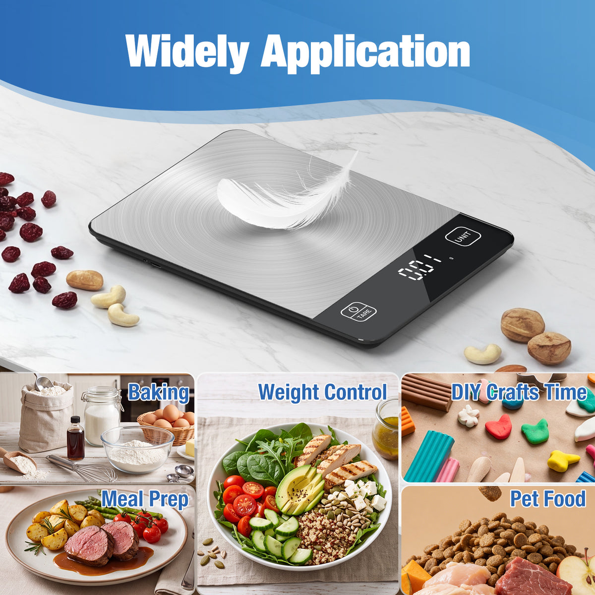 Diyife Rechargeable Kitchen Scales,15kg/1g, Large Stainless Steel Platform, 9×6.3in Large Size, 6 Units, Tare, Auto Shutoff, Wall Mount, USB Charge Food Scales for Baking, Cooking, Battery Included