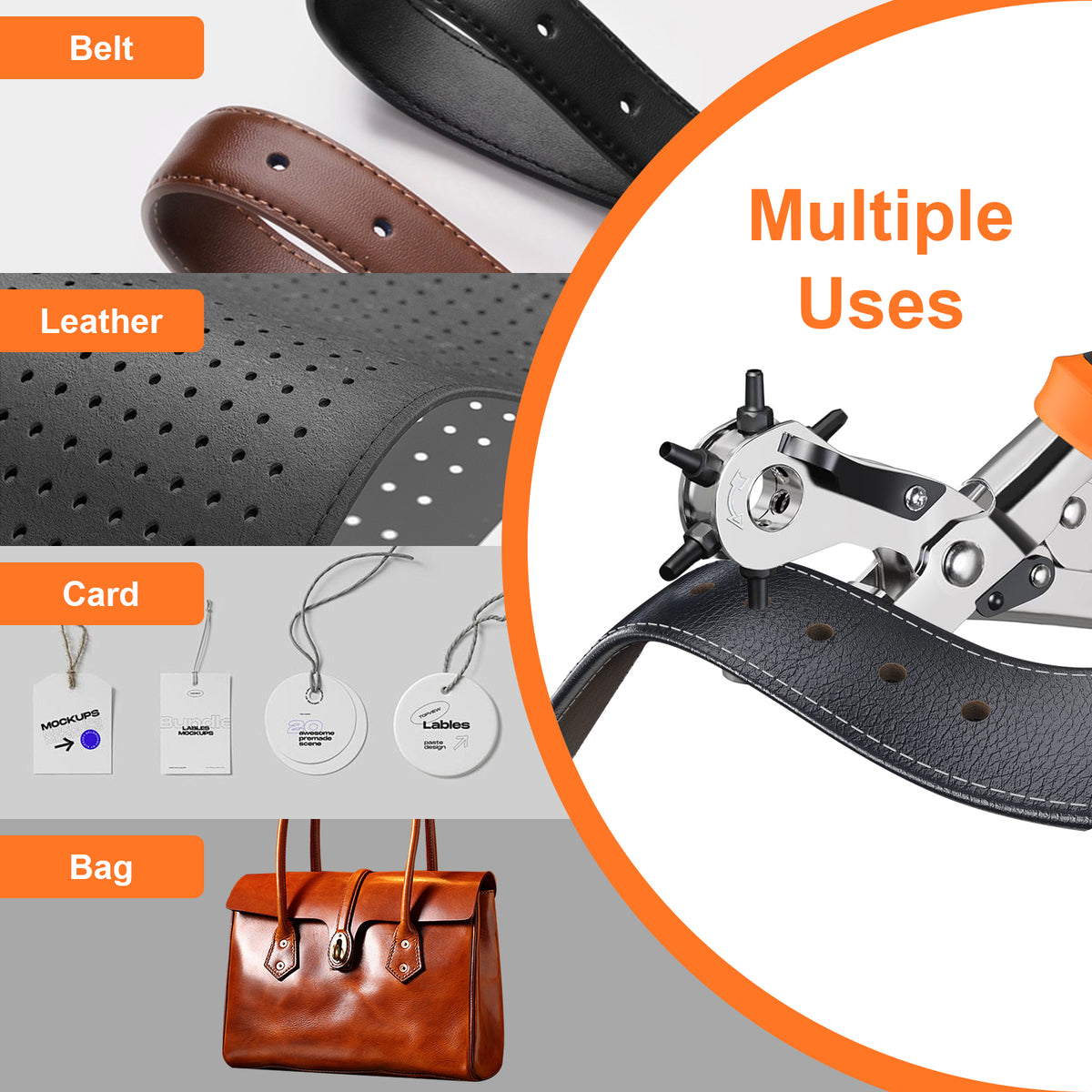 Diyife Belt Hole Puncher for Leather, [Complete Professional Kit] Ergonomic Effortless 6-Sizes Leather Hole Punch with 6 Spare Punches and 5 Brass Anvils for Belts, Fabric, Plastic, Watch Band