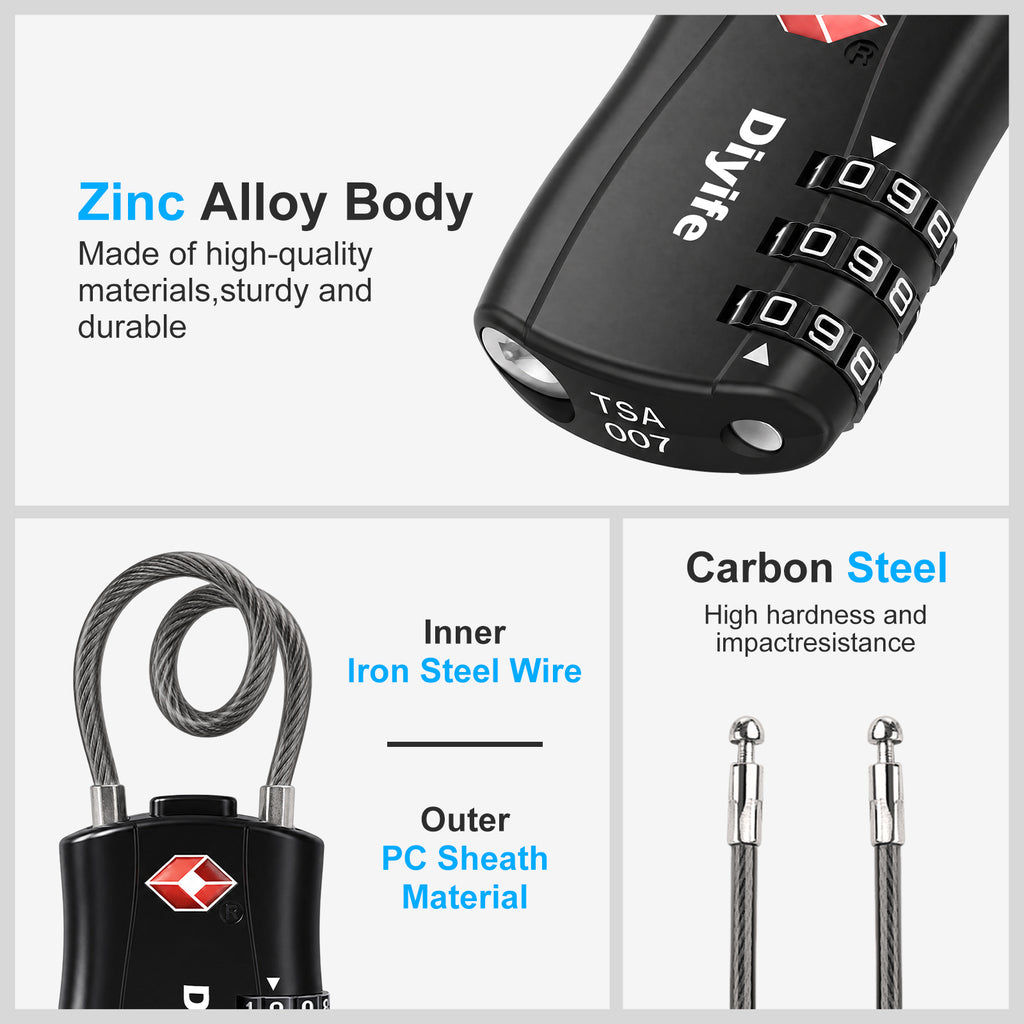Diyife TSA Combination Padlock, 3 Digit Luggage Lock, Travel Lock for Suitcase, Backpack, Locker, Briefcase
