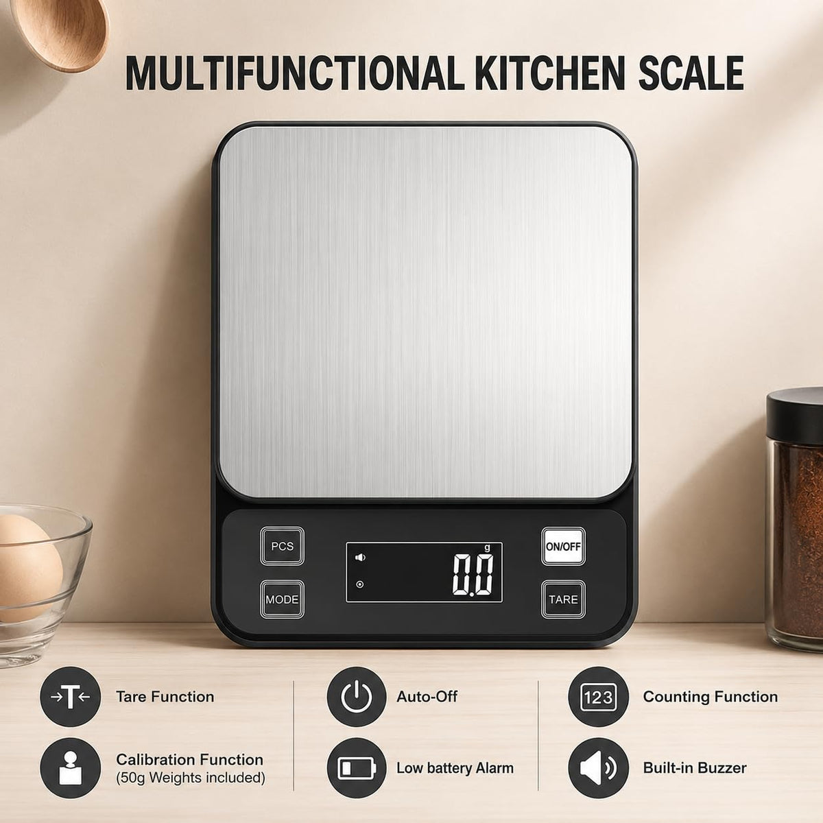 Diyife Full Waterproof Kitchen Scales Rechargeable, 0.1g/10kg, 10 Units, Tare, PCS Counting, Auto Off, Adjustable LCD Display, 304 Stainless Steel, Wall Mount Food Scales for Baking Cooking