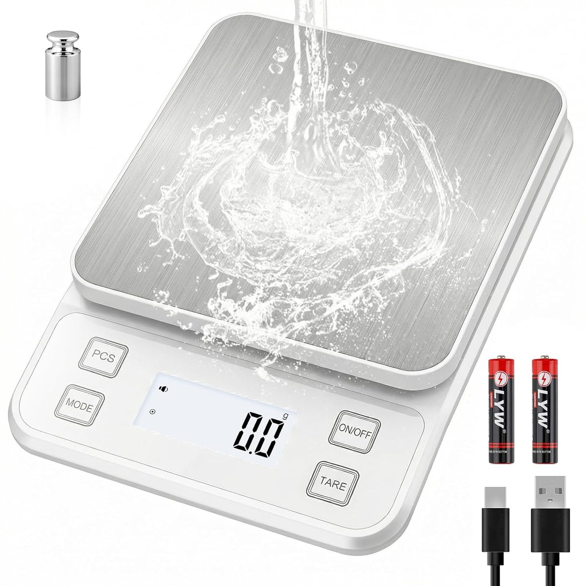 Diyife Full Waterproof Kitchen Scales Rechargeable, 0.1g/10kg, 10 Units, Tare, PCS Counting, Auto Off, Adjustable LCD Display, 304 Stainless Steel, Wall Mount Food Scales for Baking Cooking