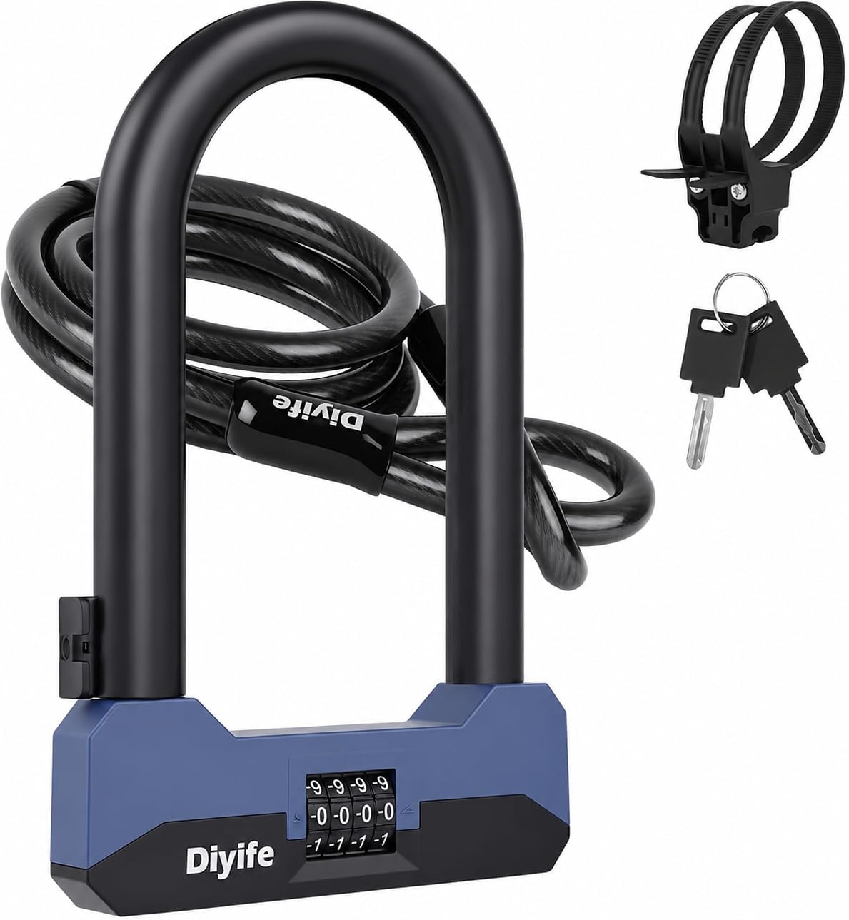 Diyife 4 Digit Combination U Lock with 152cm Steel Cable