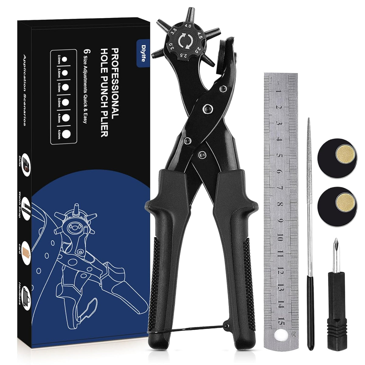 Diyife Leather Hole Punch Tool Full Set 6 Sizes 2‑4.5mm