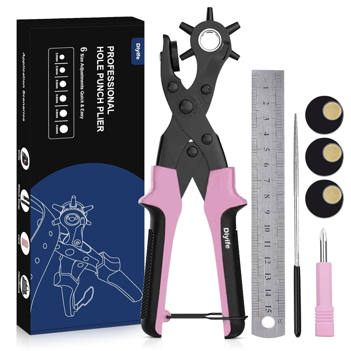 Diyife Leather Hole Punch Tool Full Set 6 Sizes 2‑4.5mm