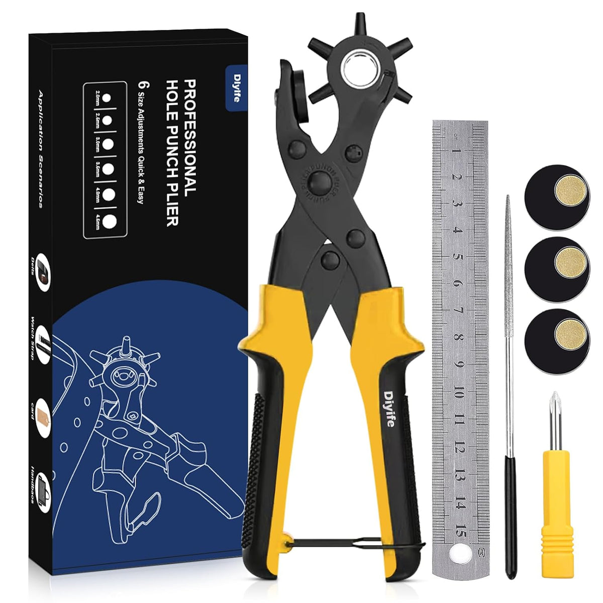 Diyife Leather Hole Punch Tool Full Set 6 Sizes 2‑4.5mm